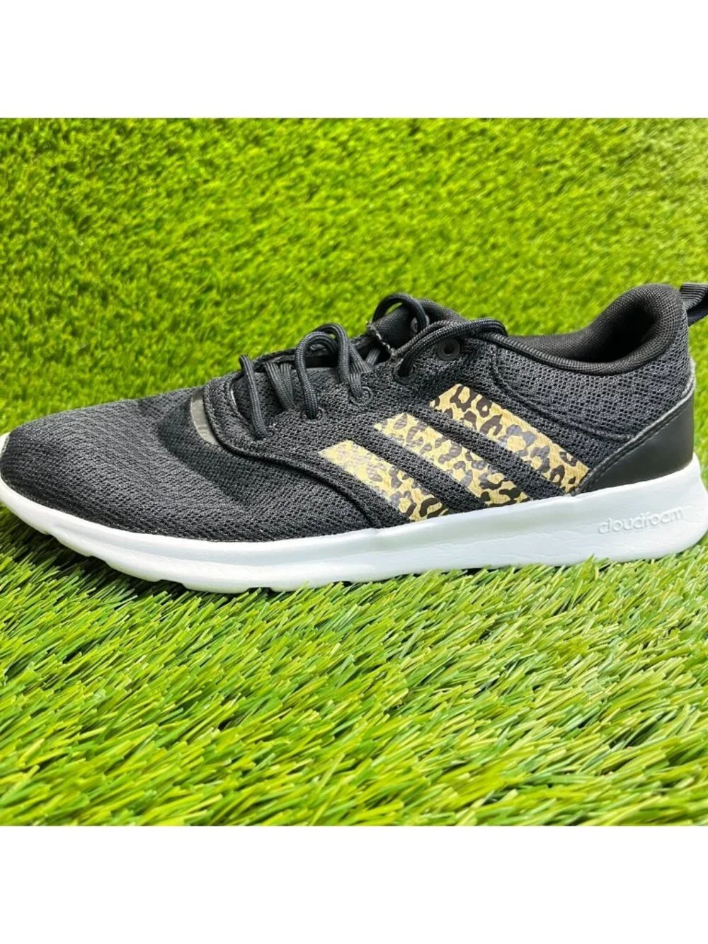 Adidas QT Racer 2.0 Cheetah Print Womens Size 8.5 Black Running Shoes Sneakers